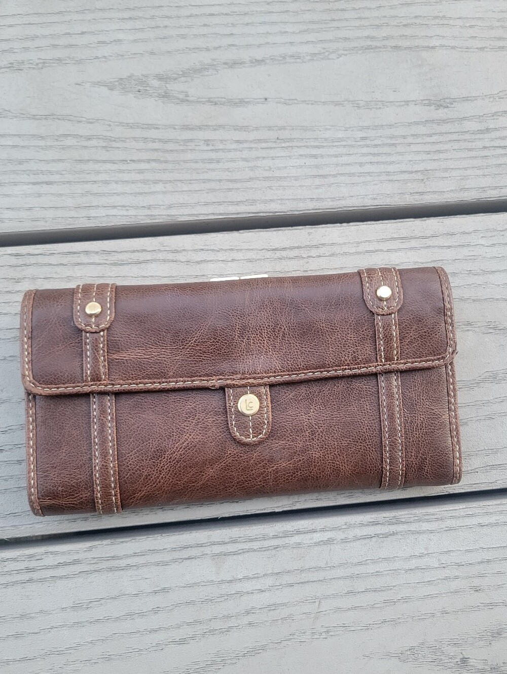 Liz Claiborne Brown Leather Foldover Wallet with Gold Accent